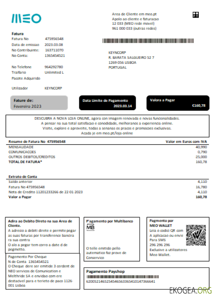 Facture commerciale de services publics MEO, SCR